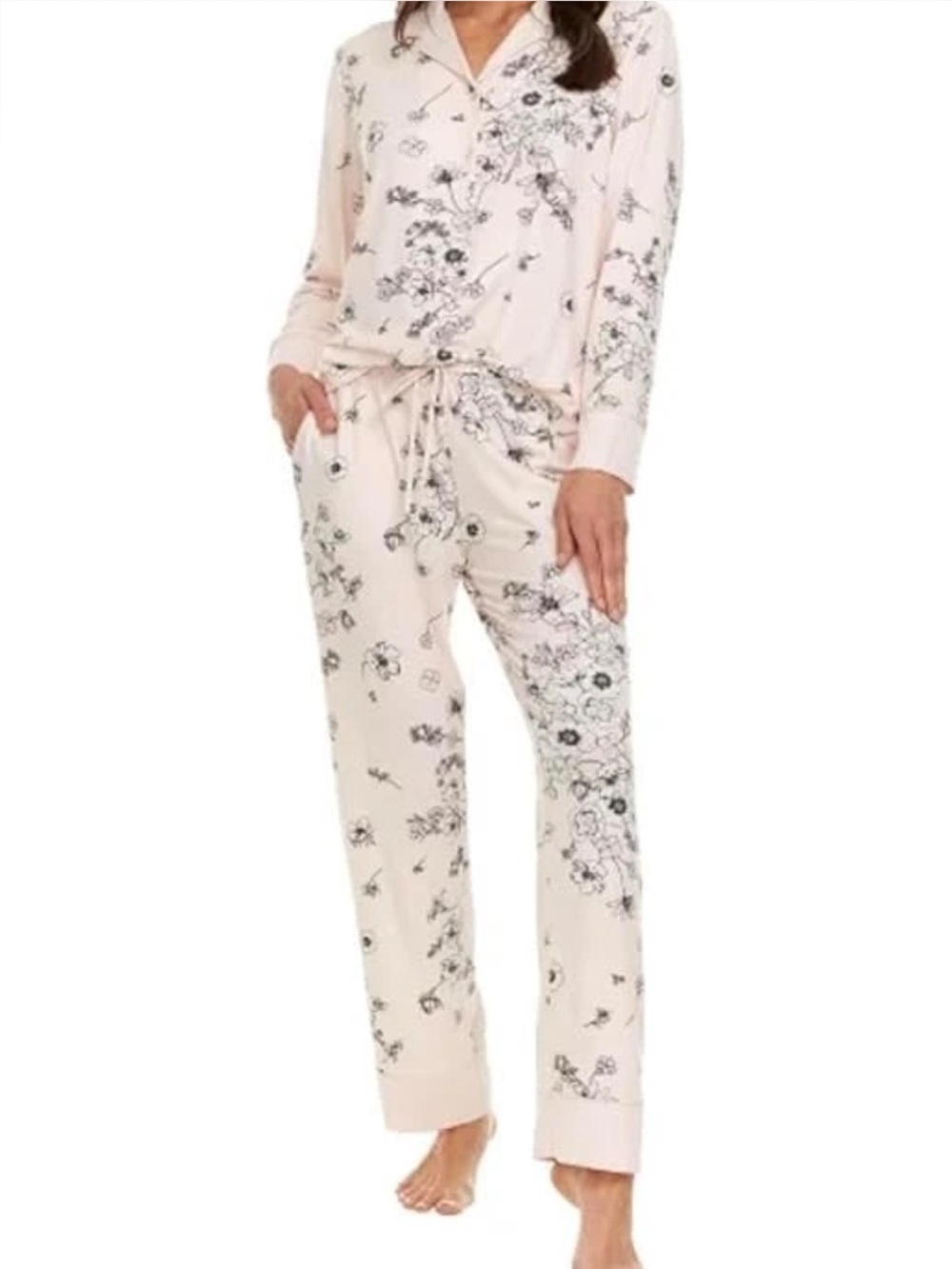 FN Women's 2 Piece Satin Trim Notch Collar Pajama Sleep Lounge Set Pink XL